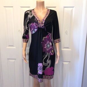 Sweet Purple & Black Floral V-neck Knee Length Sheath Dress Size 12